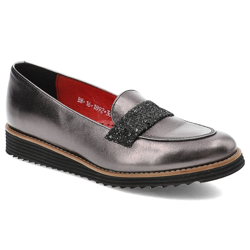 Czółenka damskie Karino, wsuwane i na płaskiej podeszwie, srebrno-czarne, 1892-115-P