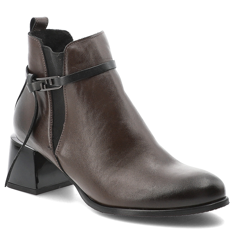 Botki damskie Armodo, ze skóry naturalnej na klocku z okrągłym noskiem i na zamek, czekoladowe, 60436-S-Czekolada-Cn