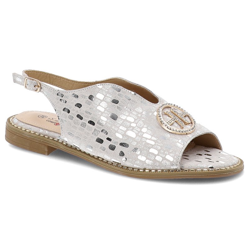 Sandały damskie S. Barski, skórzane na płaskim obcasie we wzorki na płaskim obcasie, srebrne, KV51-094