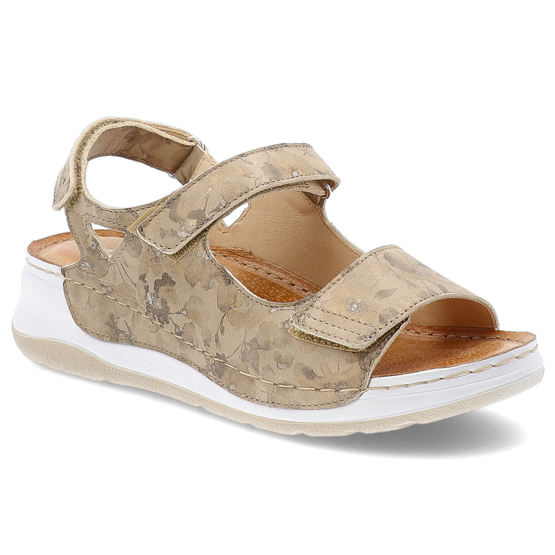 Sandały damskie Wasak, na wysokiej platformie skórzane we wzorki na rzepy wygodne, beżowe kwiatowe, 765