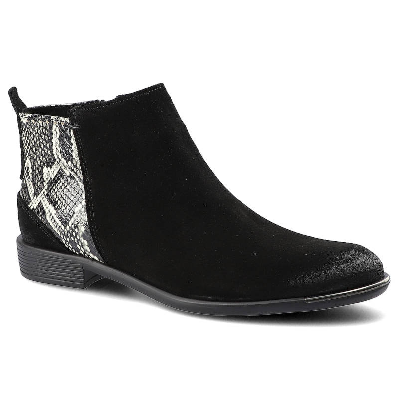 Botki damskie Carinii, wsuwany fason niskie stabilne obcasy gładka cholewka kontrastowa wstawka z fakturą skóry węża, czarne, B5679_H20-P44-POL-507
