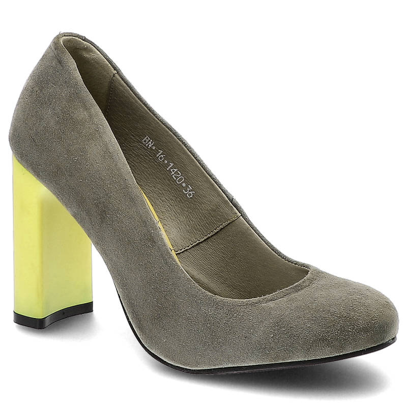 Czółenka damskie Karino, naturalny zamsz na wysokim żółtym słupku, szare, 1420-002-P