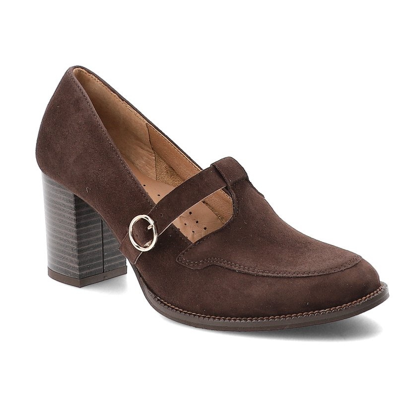 Półbuty damskie Armodo, eleganckie skórzane na słupku z okrągłym noskiem i zapinane sprzączką, brązowe zamsz, 1662