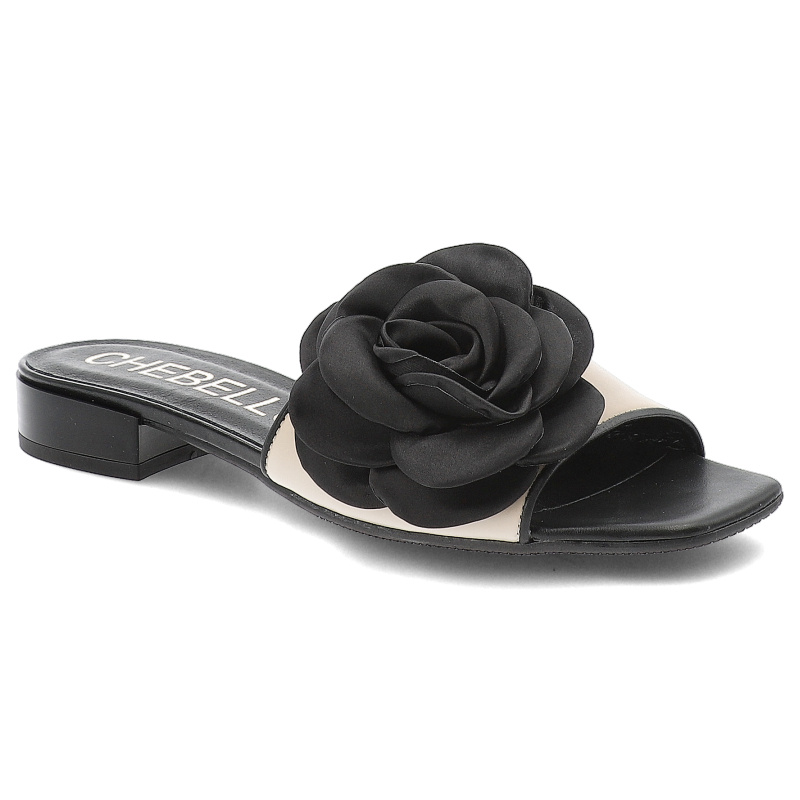 Beżowe Klapki Chebello Eleganckie Obuwie Damskie Z Kwiatem