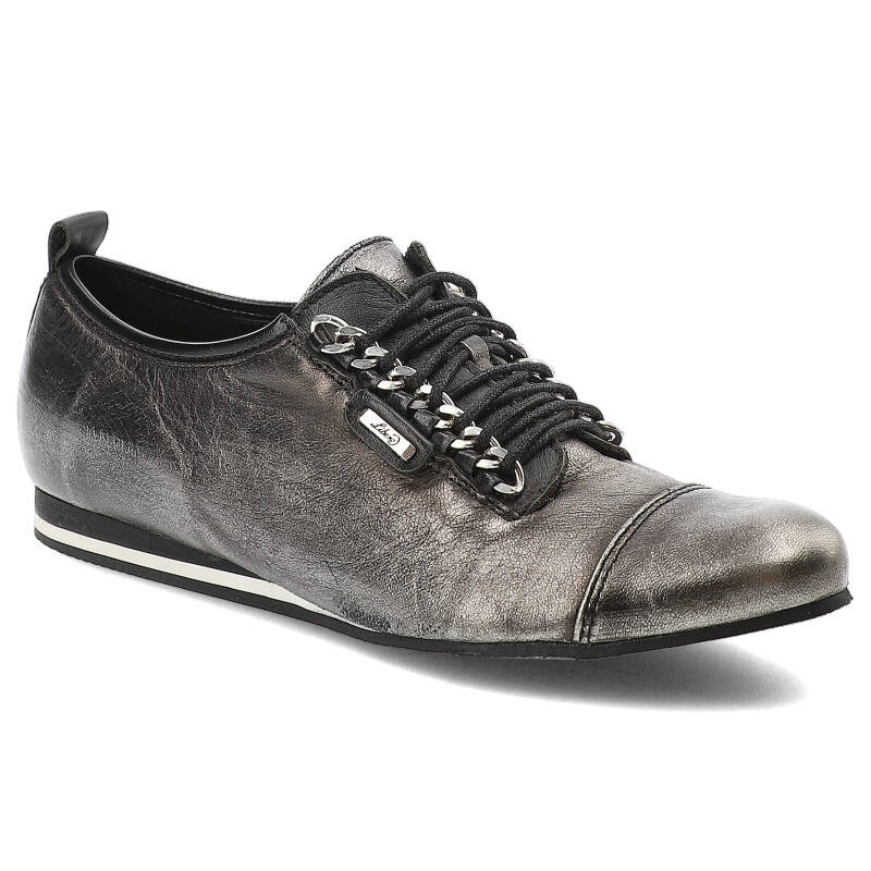 Półbuty damskie Libero, metaliczna naturalna skóra licowa z ozdobnym sznurowaniem, niklowe, 4995-125-139
