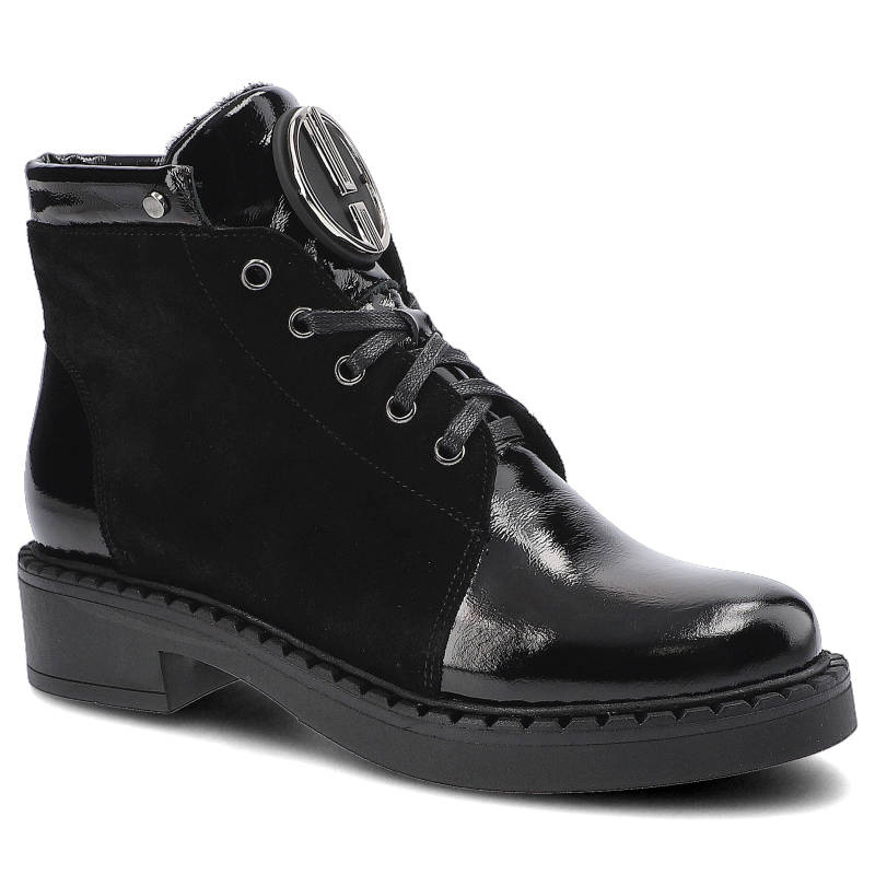 Botki damskie Pollonus, naturalna skóra licowa lakierowanapołączona z zamszem sznurowanie usztywniony zapiętek obcas typu słupek, czarne, 5-1329-003