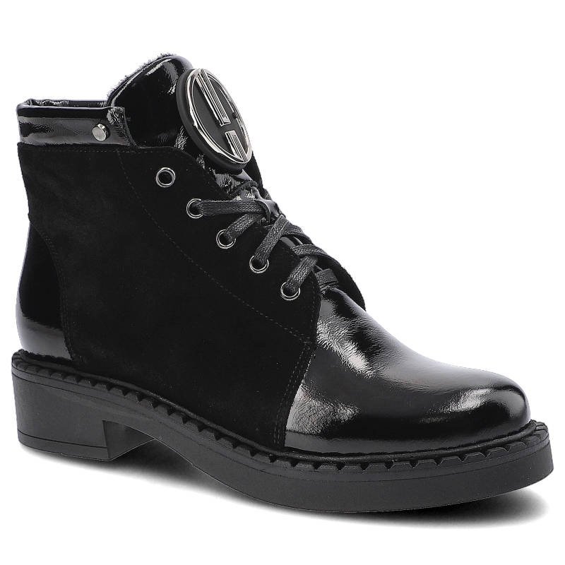 Botki damskie Pollonus, naturalna skóra licowa lakierowanapołączona z zamszem sznurowanie usztywniony zapiętek obcas typu słupek, czarne, 5-1329-003