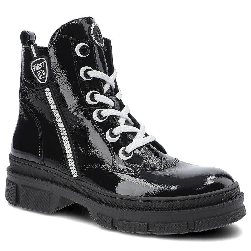 Botki damskie Nessi, naturalna skóra licowa z lakierowanym wykończeniem sznurowaną cholewką bocznym zamkiem i masywną podeszwą, czarne, 21108