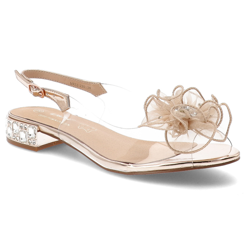 Sandały damskie S. Barski, na płaskim obcasie z ozdobą transparentne z odkrytą piętą, różowe, MR52-230