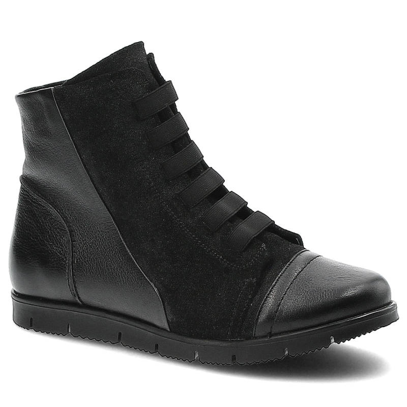 Botki damskie Maciejka, wysoka cholewka ze skóry naturalnej z elastycznymi gumkami zamiast sznurowania, czarne moro, 02666-20-00-3