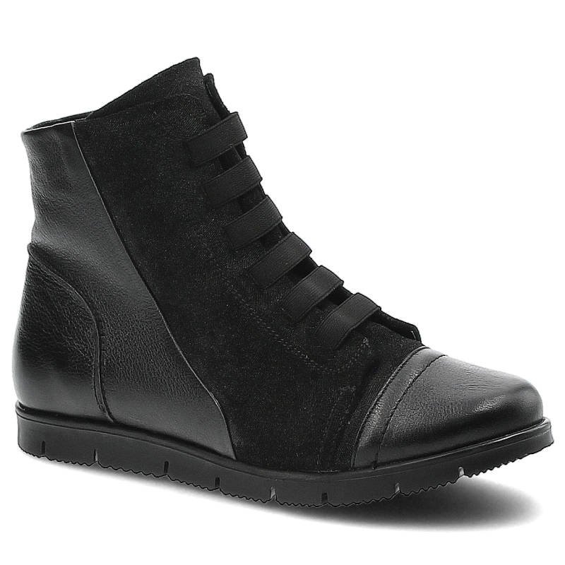 Botki damskie Maciejka, wysoka cholewka ze skóry naturalnej z elastycznymi gumkami zamiast sznurowania, czarne moro, 02666-20-00-3