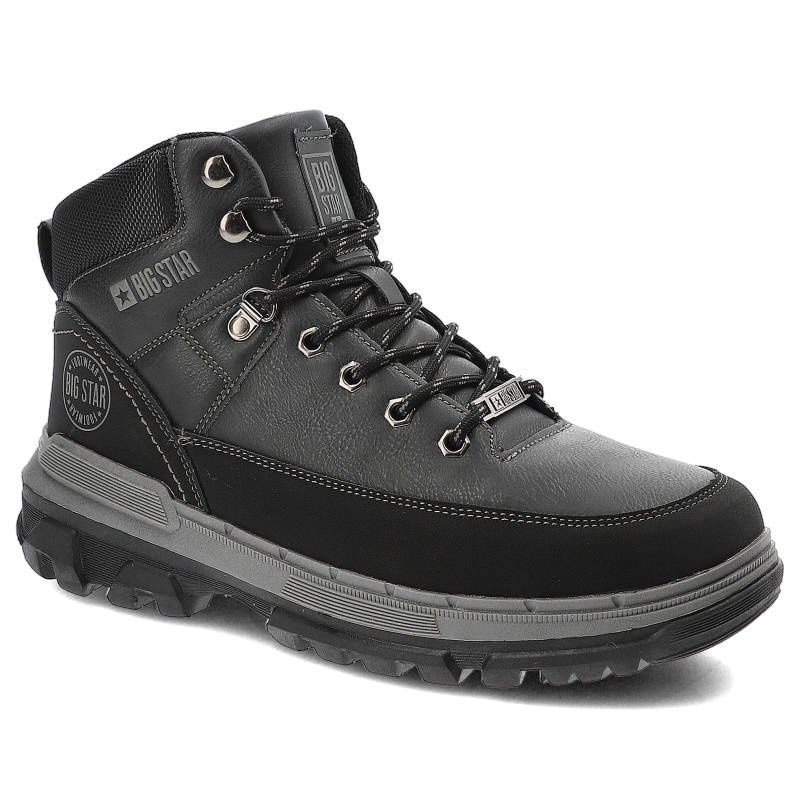 Trekkingi męskie Big Star, z trwałej skóry ekologicznej i materiału tekstylnego sznurowane z grubą podeszwą, czarne, KK174120