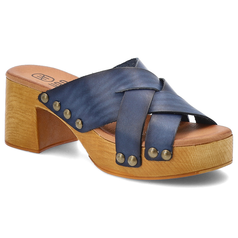 Klapki damskie HEE, ze skóry naturalnej licowej na klocku wygodne, niebieskie, 25355