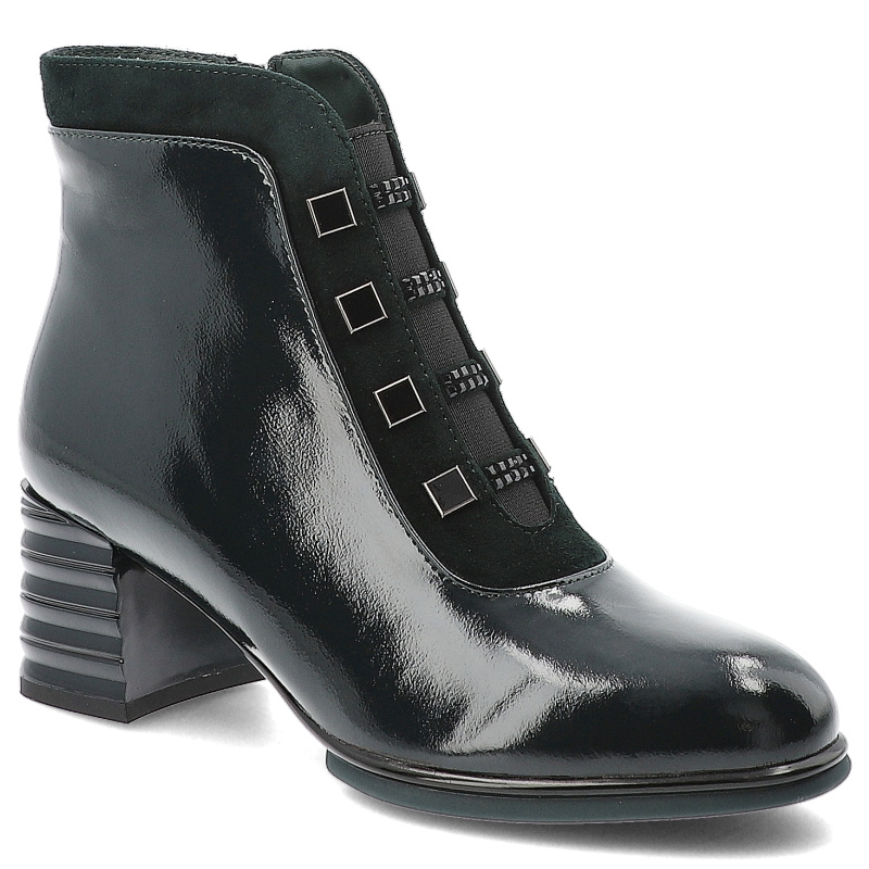 Botki damskie S. Barski, na klocku lakierowane skórzane z okrągłym noskiem i na zamek, zielone, CR52-696