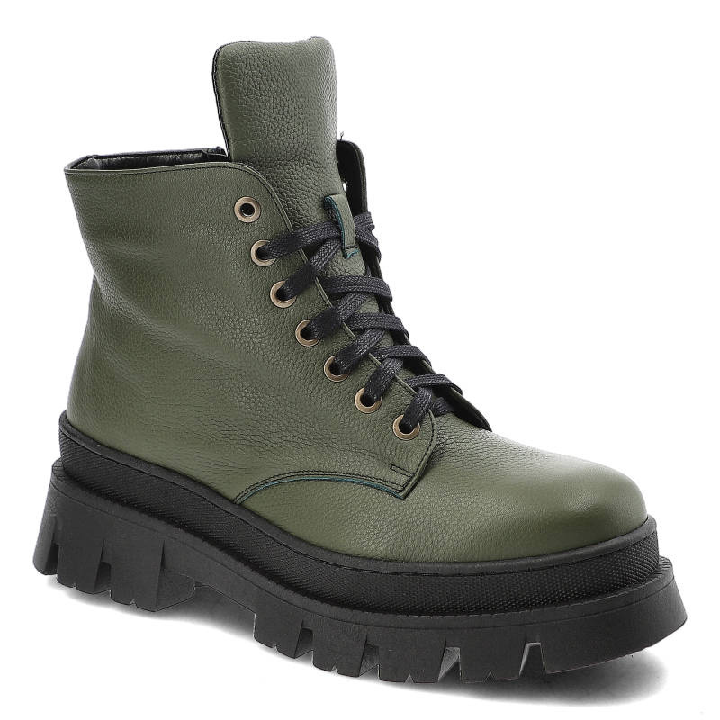 Botki damskie Blu, ze skóry naturalnej z wiązaną konstrukcją zabudowaną cholewką masywną podeszw, zielone, 99-13 G