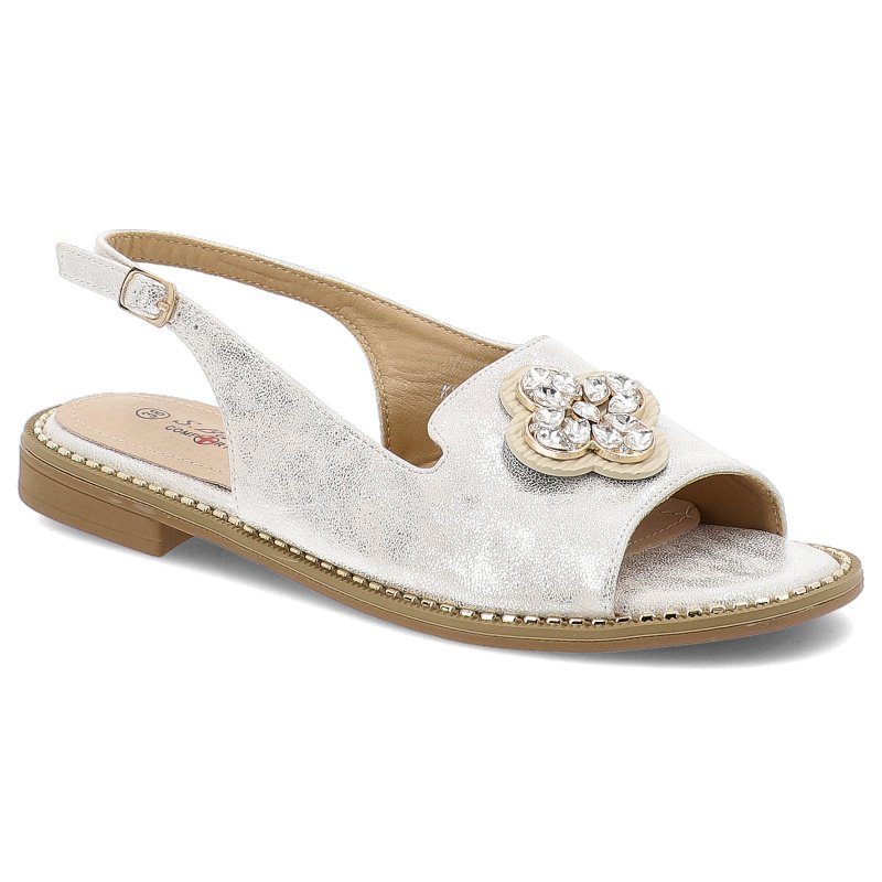 Sandały damskie S. Barski, eleganckie z ozdobą ze skóry ekologicznej i na płaskim obcasie, srebrne, KV51-080