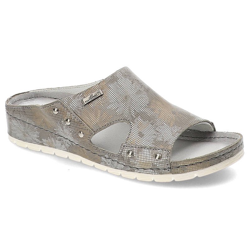 Klapki damskie Lemar, ze skóry naturalnej i dżetami na cholewce, szare, 50055