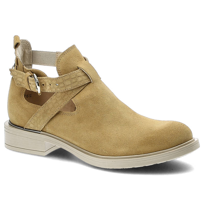 Botki damskie Lemar, z zabudowaną cholewką bocznymi wycięciami i paskiem z klamrą, piaskowe, 30061-W