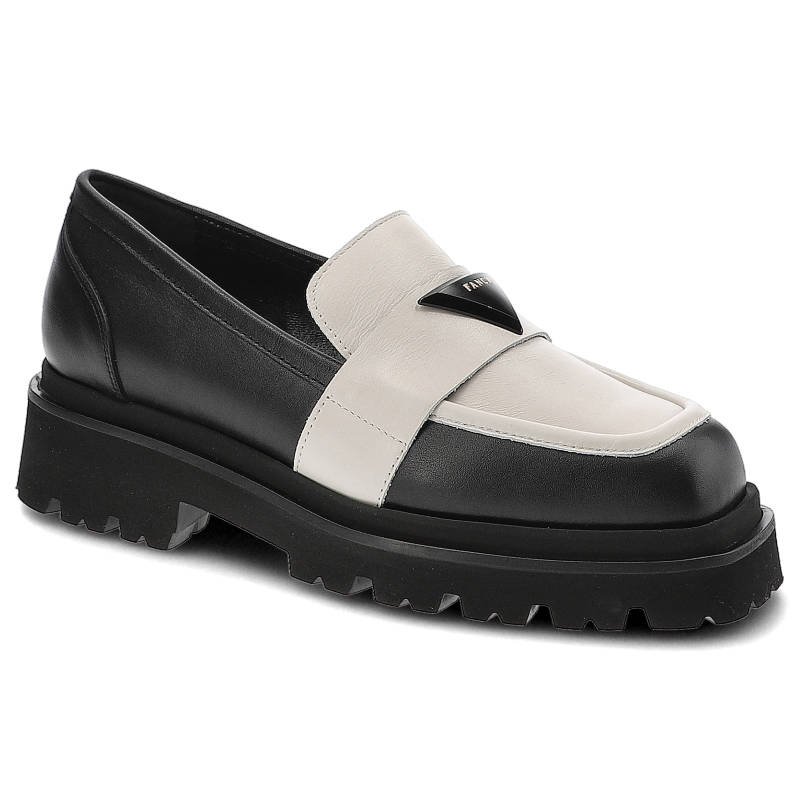 Półbuty damskie Chebello, gładka cholewka z kontrastowym paskiem na podbiciu wsuwany fason bez sznurowania, czarno-białe, 2848