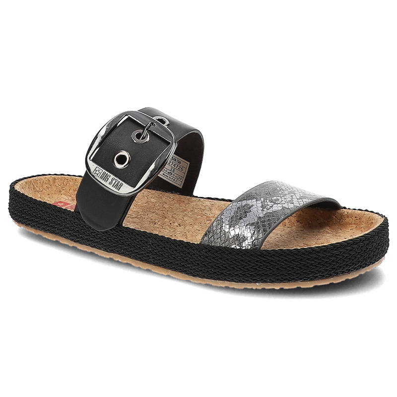 Klapki damskie Big Star, materiał syntetyczny z regulowanym paskiem zapinanym na klamrę profilowaną wkładką, czarne wężowe, JJ274726