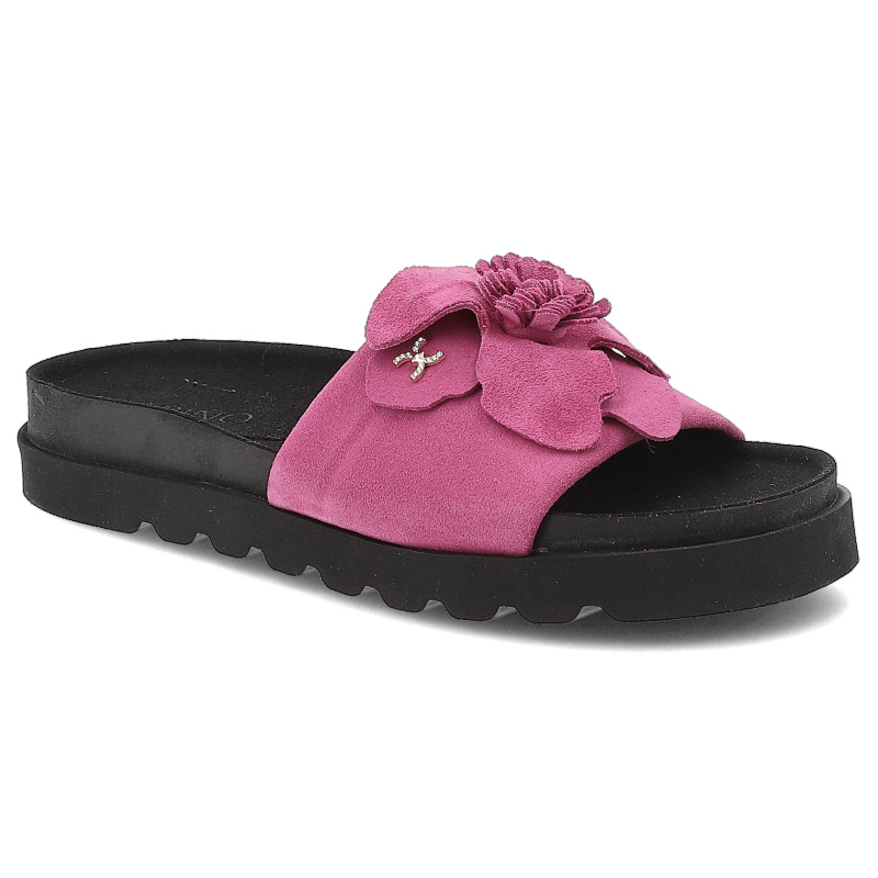 Klapki damskie Karino, ze skóry naturalnej z ozdobnym kwiatem na platformie, różowe, 5820-152-P