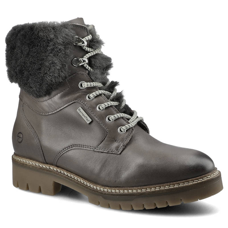 Botki damskie Tamaris, naturalna skóra licowa z klasycznym sznurowaniem i ocieplanym wykończeniem oraz płaską antypoślizgową podeszwą, antracytowe, 1