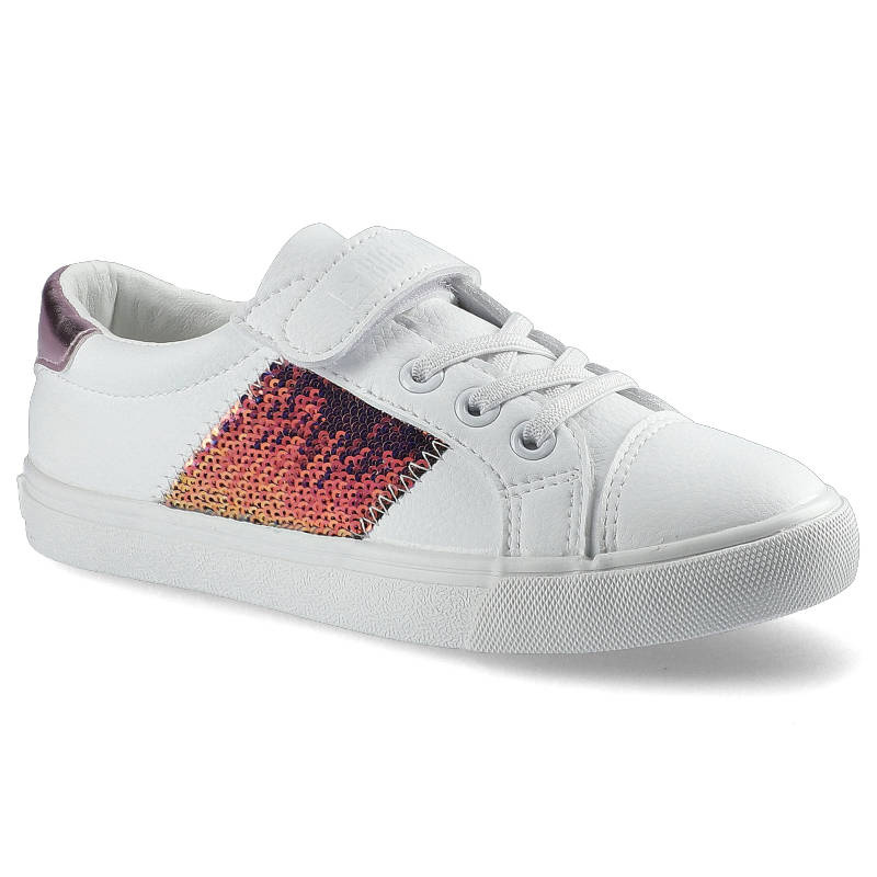 Trampki damskie Big Star, skóra ekologiczna z cekinową wstawką i sznurowaniem zakończonym paskiem z rzepem na płaskiej podeszwie, biało-różowe, FF374