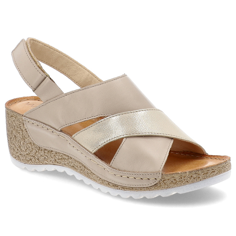 Sandały damskie Wasak, eleganckie skórzane na koturnie na rzepy wygodne, beżowo-złote, 493