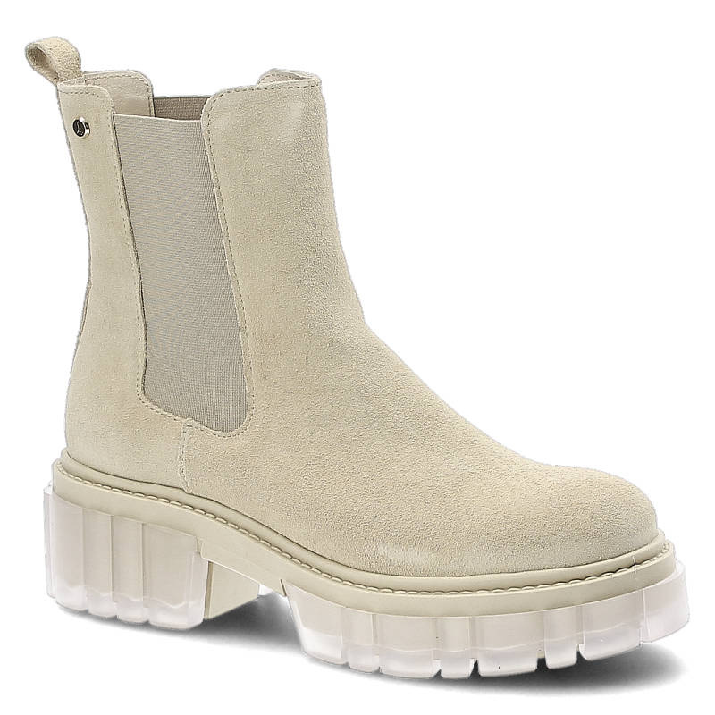 Botki damskie Lemar, wykonane ze skóry zamszowej z elastycznymi panelami bocznymi masywną podeszwą z tworzywa i pętelką z tyłu cholewki, beżowe, 3032