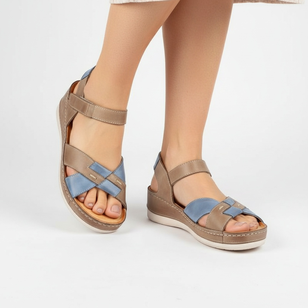 Sandały damskie Wasak, na naskim koturnie i ze skóry naturalnej licowej, cappuccino jeans, 473