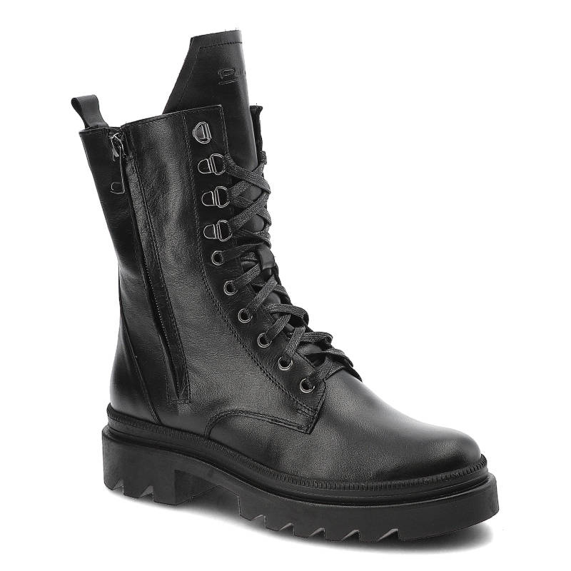 Trzewiki damskie Pollonus, cholewka z licowej skóry naturalnej z wysoką cholewką sznurowaniem i bocznym zamkiem masywna podeszwa z wyraźnym profilem,