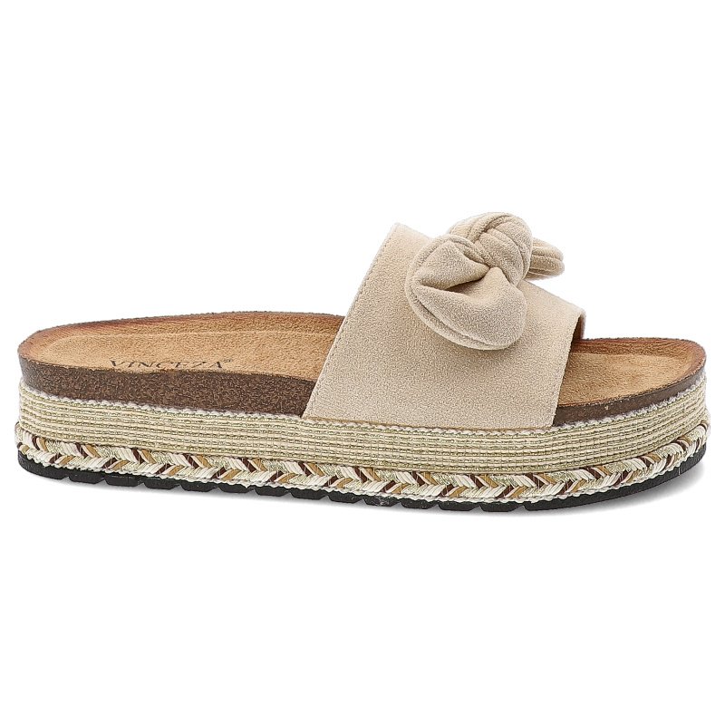 Klapki damskie Vinceza, na grubej platformie profilowane z kokardką materiałowe, beżowe, 16495-BE