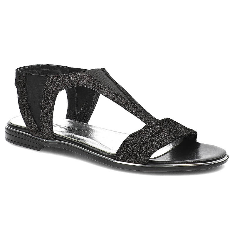 Sandały damskie Karino, płaska podeszwa i wykończenie materiałowe ze skórą ekologiczną, czarne, 1979-003-P