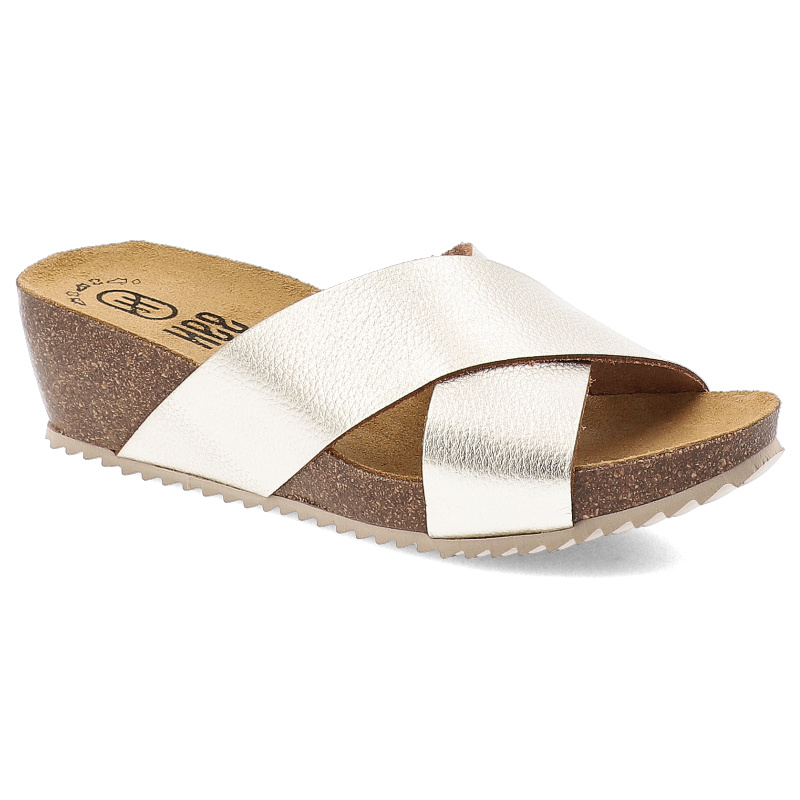 Klapki damskie HEE, skórzane licowe na koturnie eleganckie, złote, 25004