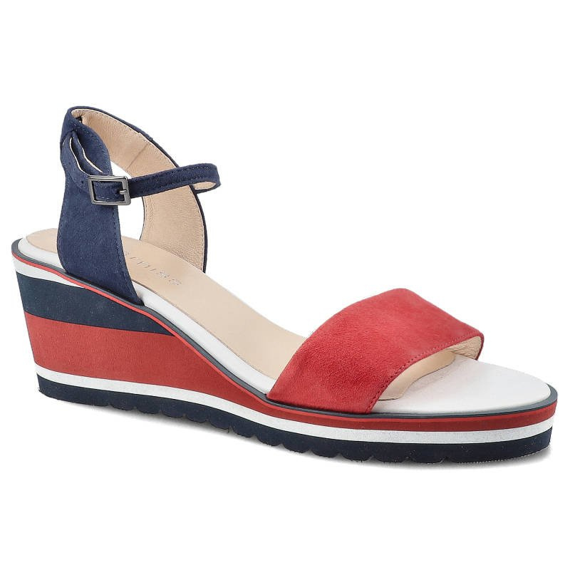 Sandały damskie Damiss, skóra zamszowa z regulowanym paskiem na sprzączce szerokim paskiem na przodostopiu oraz koturnem, czerwono-granatowe, DS-269
