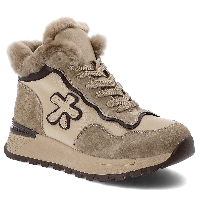 Botki damskie Artiker, skórzane z futerkiem na zamek na platformie i z okrągłym noskiem, beżowe, 55C0146