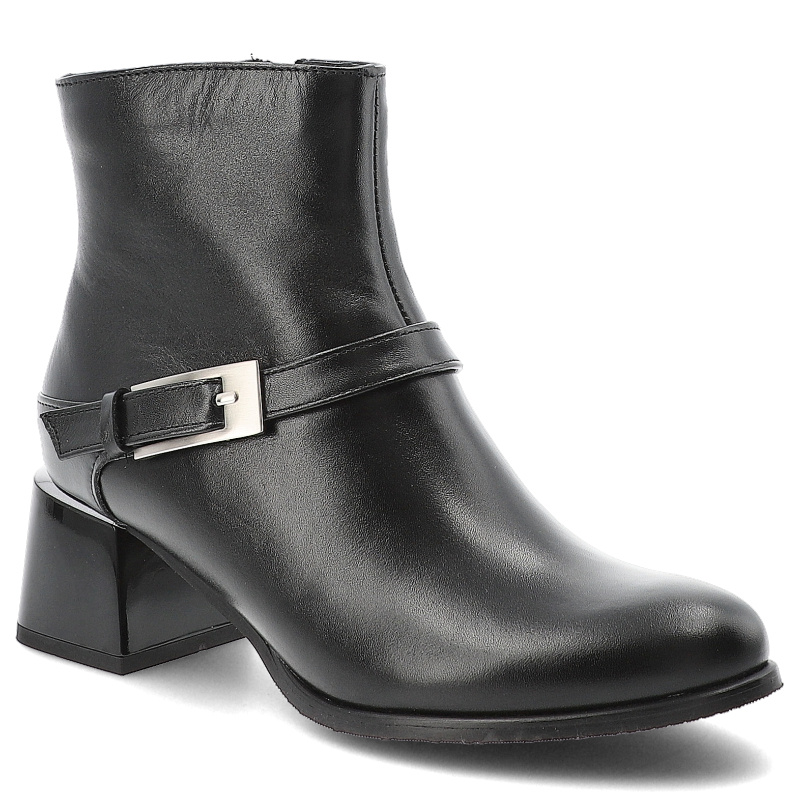 Botki damskie Armodo, na obcasie skórzane za kostkę z okrągłym noskiem i na zamek, czarne, 60562-S