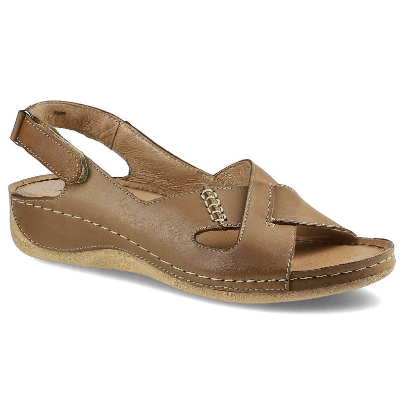 Sandały damskie Pollonus, skórzane i na lekkim koturnie, rude, 5-0780-042