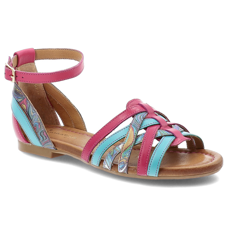 Sandały damskie Maciejka, rzymianki ze skóry naturalnej na płaskim obcasie zapinane sprzaczką, różowo-niebieskie, 06974-39-00-1
