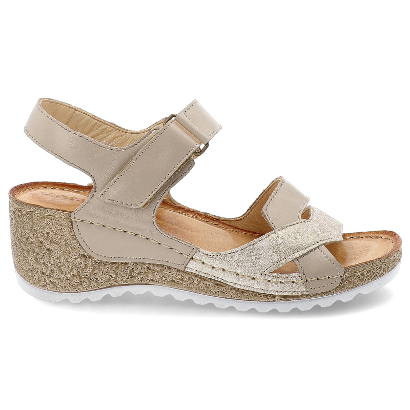 Sandały damskie Wasak, na koturnie skórzane zapinane na rzepy, beżowe mozaika, 757