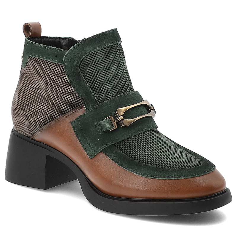 Botki damskie Maciejka, skórzane licowe na klocku z broszką i zapinane na zamek, rude, A6747-29-00-8