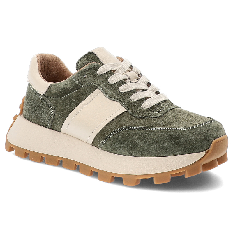 Sneakersy damskie Filippo, na grubej platformie z naturalnej skóry z okrągłym noskiem i sznurowane, khaki, DP7112-25-KH