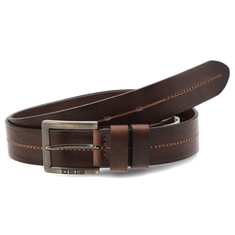 Pasek męski Big Star, skórzany z klamrą i przeszyciem na środku, brązowy, JJ675040