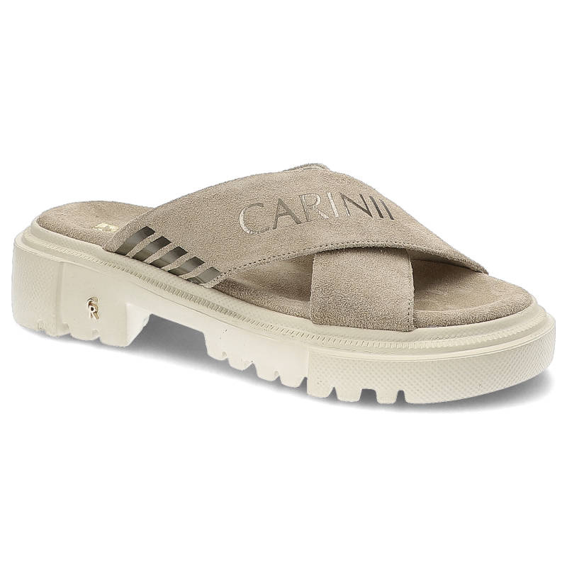 Klapki damskie Carinii, naturalna skóra zamszowa z szerokimi krzyżującymi się paskami z logo profilowaną wkładką, bez, B8118_O17-000-000-F24