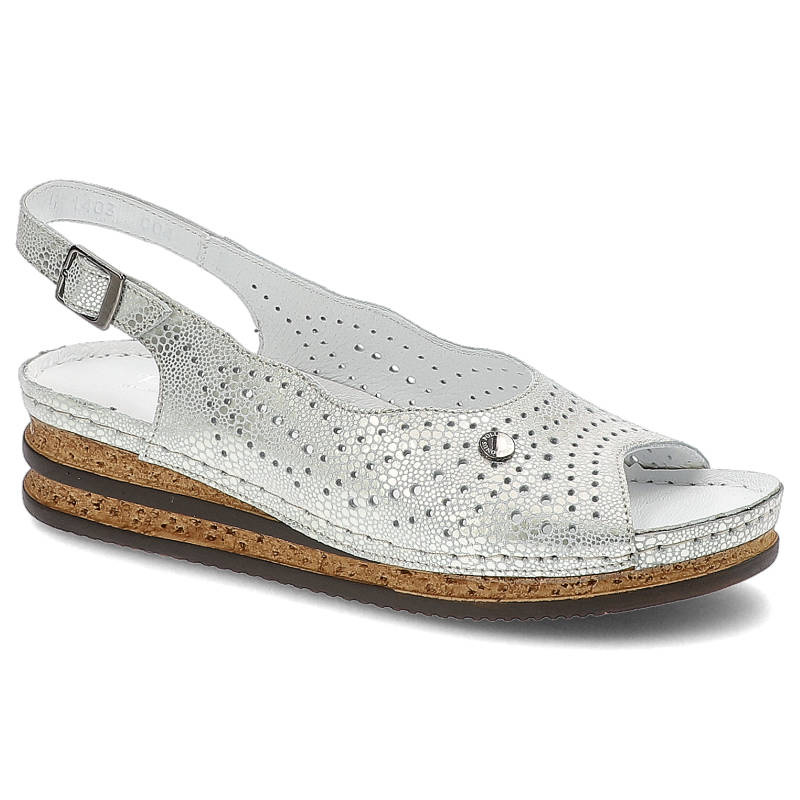 Sandały damskie Pollonus, skórzana cholewka z kolorowym nadrukiem odkryty nosek regulowany pasek na pięcie, srebrne, 5-1403-004