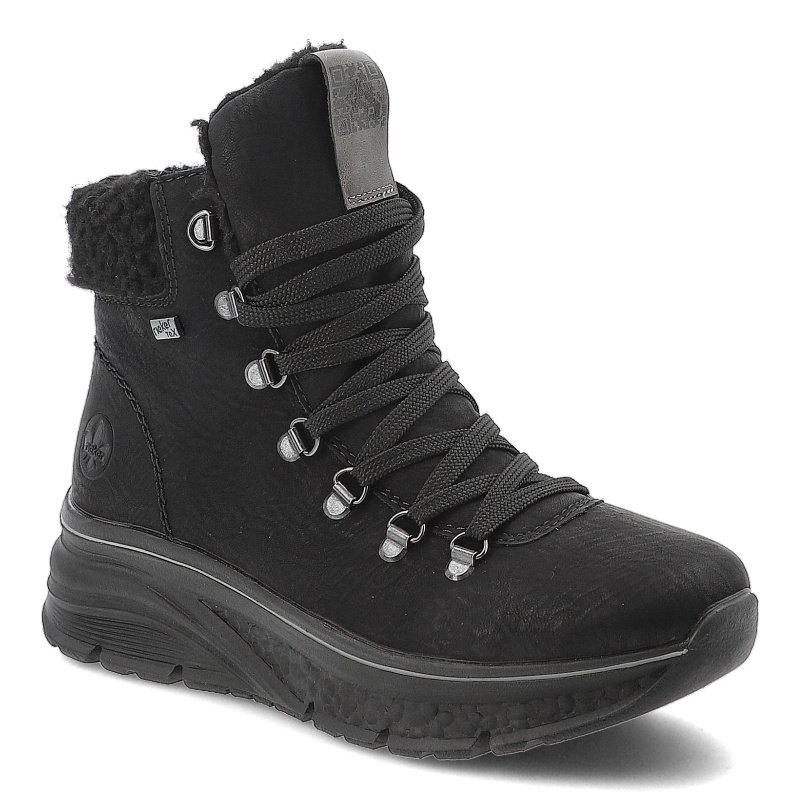 Botki damskie Rieker, antistress na grubej podeszwie ocieplane futerkiem i na suwak, czarne, 48034-00-Black