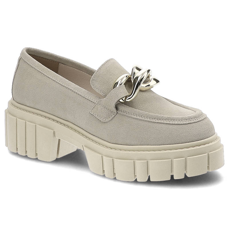 Półbuty damskie Karino, zamszowa cholewka o miękkiej strukturze dekoracyjny łańcuch na podbiciu masywna platforma, cappucino, 3962-007-P