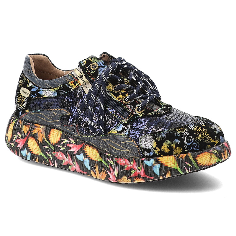 Sneakersy damskie Laura Vita, ze skóry na platformie w kwiaty z okrągłym noskiem i na zamek, niebieskie, Nikito-09-SO26803-9BS