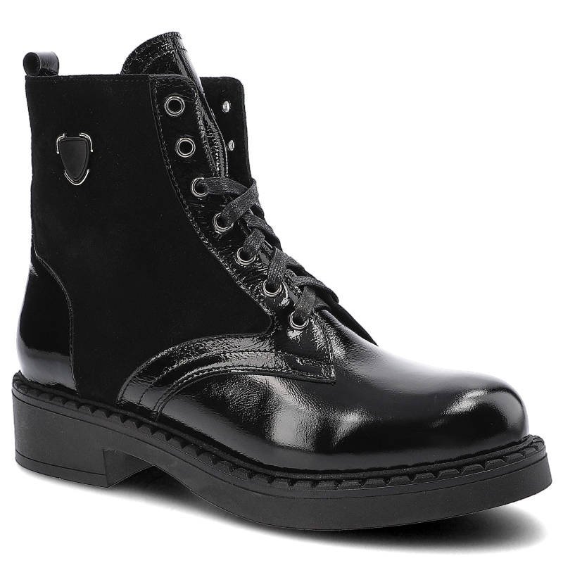 Botki damskie Pollonus, cholewka wykonana ze skóry naturalnej sznurowane zapięcie elementy lakierowane usztywniony zapiętek podwyższona podeszwa, cza