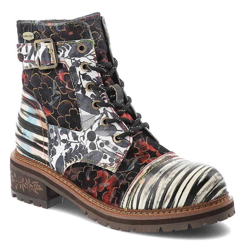 Botki damskie Laura Vita, skórzane we wzory na płaskim obcasie z okrągłym noskiem i na zamek, czarne, Kleo-15